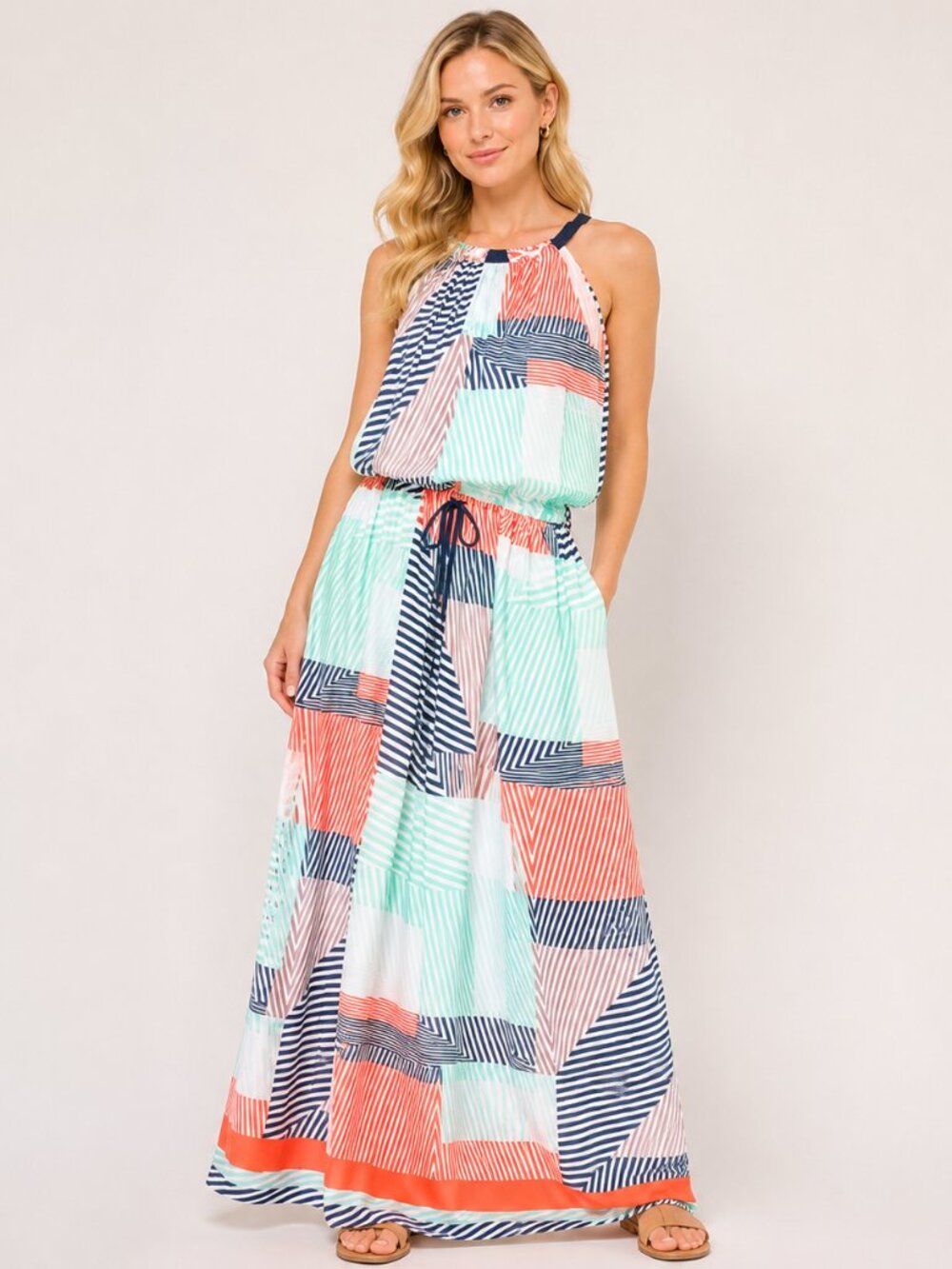 Vince Camuto Geometric Halter Maxi Dress Coral Mint Black Sleeveless Bow Tie 10 - Picture 3 of 9